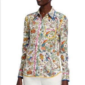 Tory Burch Silk Contrast Binding Long-Sleeve Printed Button-Down Shirt size 4
